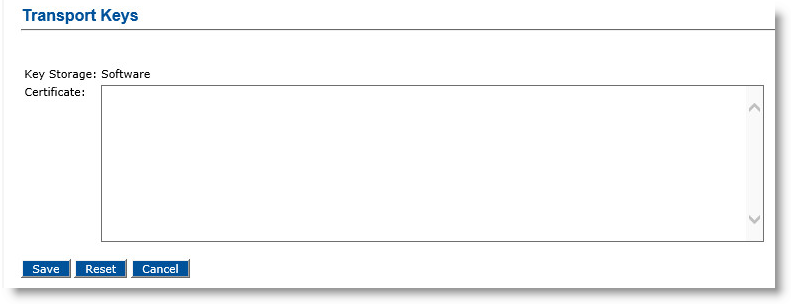 Transport Keys dialog box with empty Certificate field to be updated